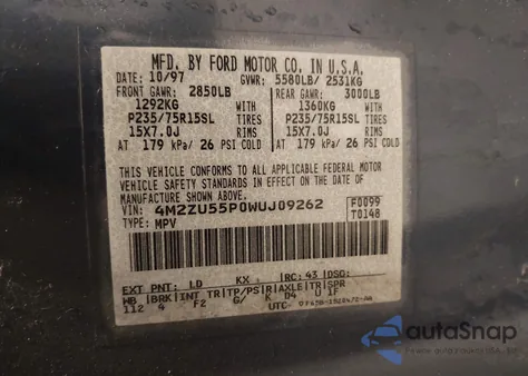 1998 Mercury Mountaineer from USA, damaged, VIN 4M2ZU55P0WUJ09262